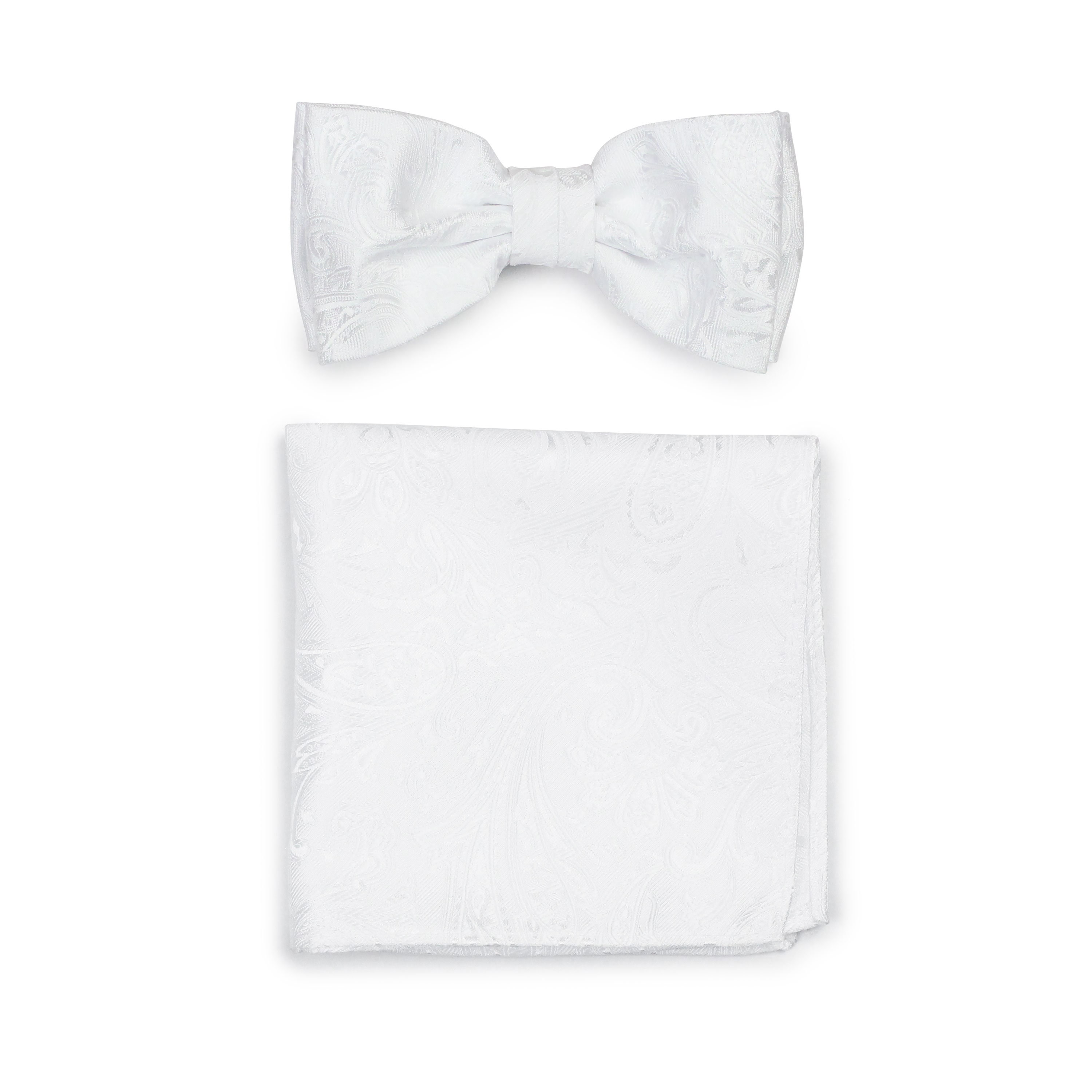 New formal Men's micro fiber pretied bow tie & hankie set paisley silver wedding