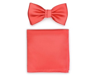 Bow Tie Set Neon Coral | Formal Wedding Bow Tie and Pocket Square Set in Neon Coral Red | Groom and Groomsmen Bow Ties in Coral