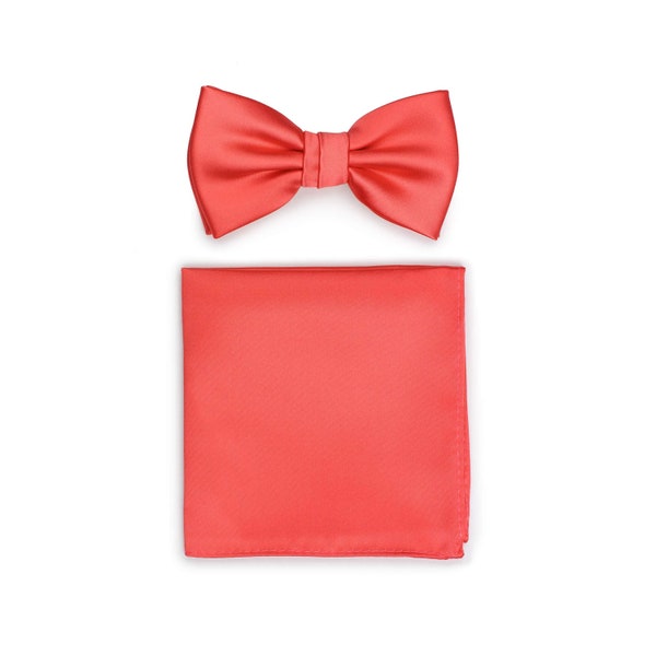 Bow Tie Set Neon Coral | Formal Wedding Bow Tie and Pocket Square Set in Neon Coral Red | Groom and Groomsmen Bow Ties in Coral