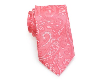 Tropical Coral Paisley Tie | Coral Pink Mens Tie with Woven Paisley Design