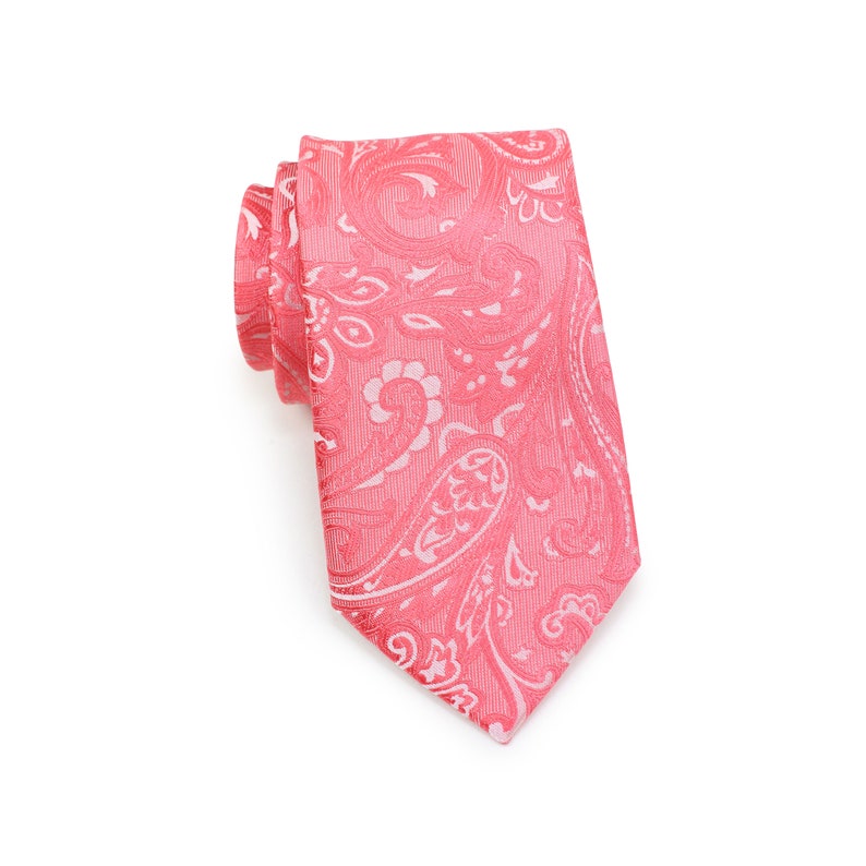 Coral Paisley Tie Set Mens Necktie and Hanky Set in Coral Pink Paisley Design image 2