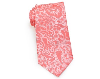 Extra Long Coral Tie | Coral Pink XL Length Ties | Coral Paisley Designer Ties for Weddings | Groom and Groomsmen Ties Coral Pink