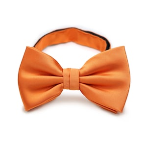 May include: A bright orange bow tie made of satin fabric. The bow tie has a black adjustable strap.