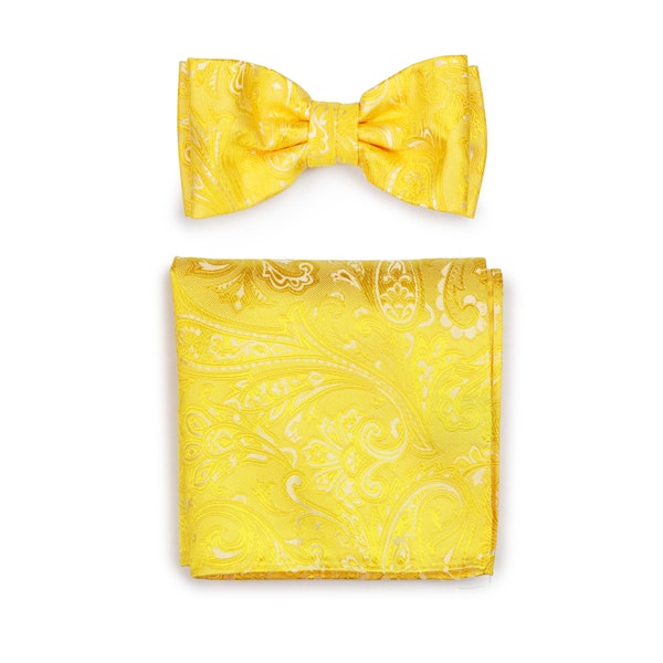 Canary Bowtie Set | Bright Sun Yellow Paisley Bow Tie + Suit Hanky Set