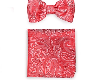 Poppy Red Bowtie Set | Men's Paisley Bow Tie + Suit Pocket Square in Poppy Red