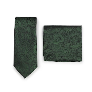 Forest Green Paisley Tie Set | Necktie and Pocket Square Set in Forest Green | Designer Paisley Tie and Hanky Set in Dark Forest Green
