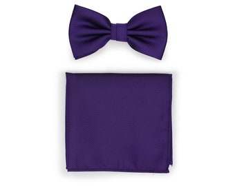 Bow Tie Set in Regency Purple / Royal Regency Purple Bow Ties with Matching Pocket Squares / Solid Color Purple Bow Tie Set in Matte Finish