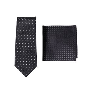 Black Polka Dot Tie Set | Mens Necktie + Pocket Square Set in Black and Silver Polka Dot Design