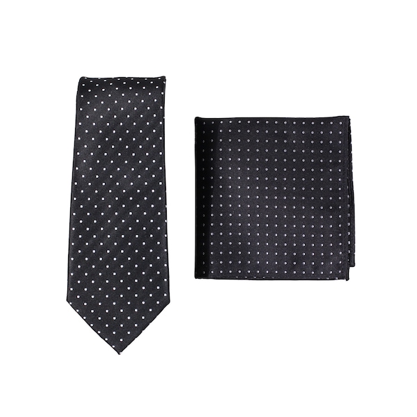 Black Polka Dot Tie Set | Mens Necktie + Pocket Square Set in Black and Silver Polka Dot Design