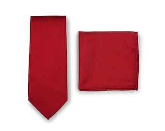 Knallrotes Krawatten set | Matte Halskette und Taschenquadrat Set in Rot | Helle Kirschrote Herren krawatte und passender Anzug Hanky