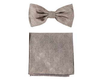 Bow Tie Set in Bronze Gold | Formal Mens Bow Tie + Pocket Square in Bronze Gold Woodgrain Texture