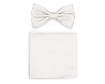 Ivory Paisley Bow Tie Set | Men's Bow Tie and Pocket Square Set in Ivory with Woven Paisley Design