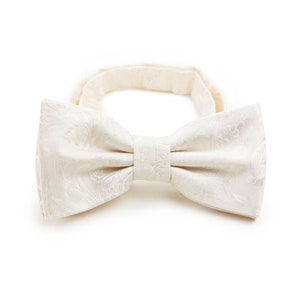 May include: A white bow tie with a subtle embossed pattern. The bow tie is made of a soft, silky fabric.