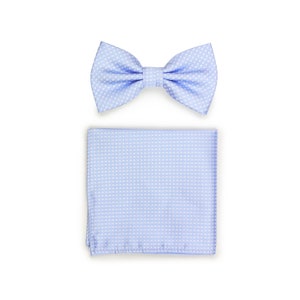 Bow Tie Set in Baby Blue | Men&#39;s Bow Tie and Pocket Square Set in Light Baby Blue | Pin Dot Design Bow Ties and Hanky in Powder Blue