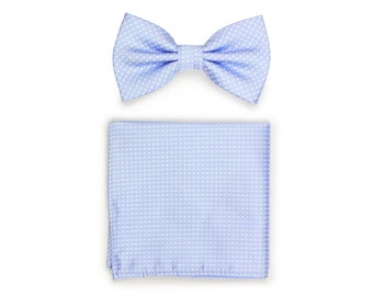 Bow Tie Set in Baby Blue | Men's Bow Tie and Pocket Square Set in Light Baby Blue | Pin Dot Design Bow Ties and Hanky in Powder Blue