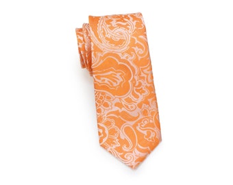 Tangelo Orange Paisley Tie | Wedding Paisley Mens Necktie in Bright Tangerine Orange | Summer Wedding Mens Ties in Mandarin Orange