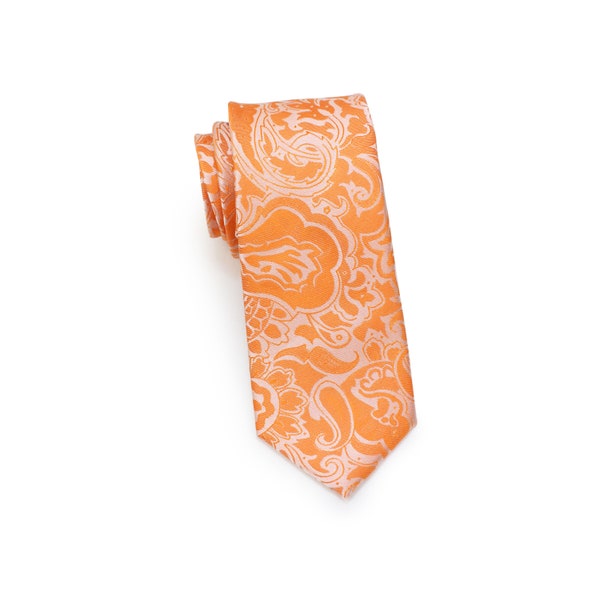 Tangelo Orange Paisley Tie | Wedding Paisley Mens Necktie in Bright Tangerine Orange | Summer Wedding Mens Ties in Mandarin Orange