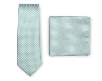 Dusty Mint Skinny Tie Set | Mens Slim Cut Necktie and Matching Hanky in Dusty Mint Green | Pin Dot Design Mens Tie and Pocket Square Mint