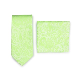 Bright Green Paisley Tie and Pocket Square Set | Wedding Tie Set in Bright Neon Green | Paisley Wedding Tie and Hanky Set in Bright Green