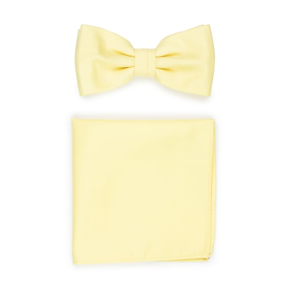 Bow Tie in Lemon Chiffon | Bow Tie + Hanky Set in Pastel Yellow in Matte Cotton Finish