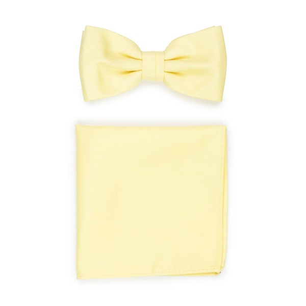 Bow Tie in Lemon Chiffon | Bow Tie + Hanky Set in Pastel Yellow in Matte Cotton Finish