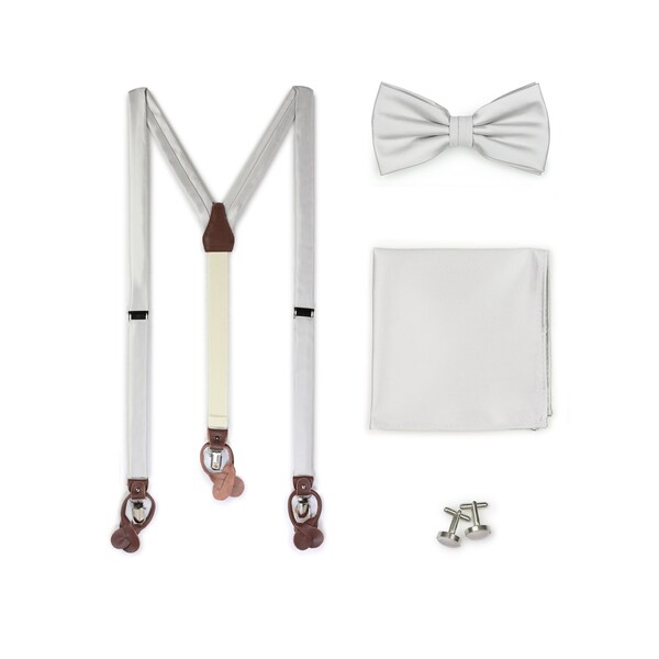 Formal Silver Suspender + Bow Tie Set | Mens Dress Suspender Set with Matching Bow Tie, Pocket Square, Cufflinks