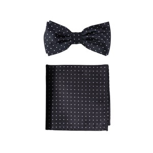 Polka Dot Bowtie Set in Black | Mens Bow Tie + Pocket Square in Black and Silver
