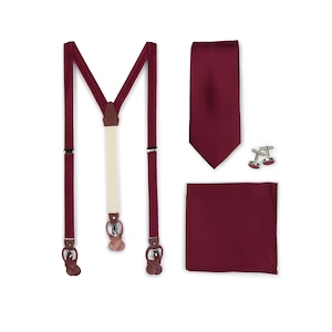 Wine Suspenders + Tie Set | Dress Suspenders for Men in Wine Red with Matching Wine Red Necktie, Hanky, and Cufflinks