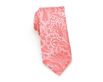 Coral Kids Tie | Kids Necktie in Coral Pink | Formal Boys Sized Tie in Coral Red and Coral Pink with Paisley Design (fits kids ages 5-10).