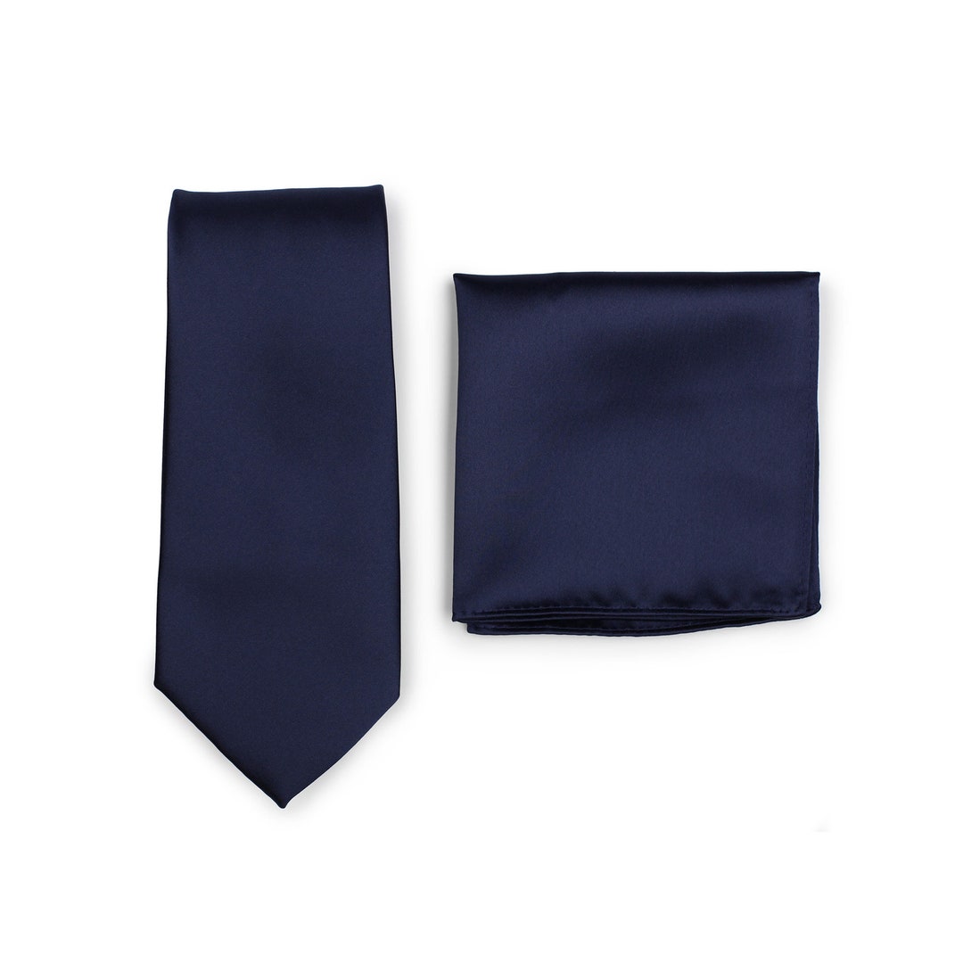 Navy Tie Set Wedding Necktie Pocket Square Set in Dark Navy Blue Satin ...