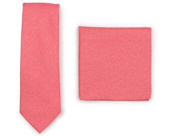 Tie + Hanky Set in Sunset Coral | Wedding Necktie Set in Summer Coral Color in Matte Finish