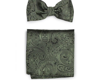 Fern Green Bow Tie Set | Mens Formal Bow Tie + Suit Hanky in Dark Fern Green Paisley Design