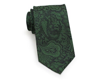 Forest Green Paisley Tie | Forest Green Paisley Necktie | Mens Paisley Designer Tie in Forest Green Black | Dark Green Wedding Paisley Tie