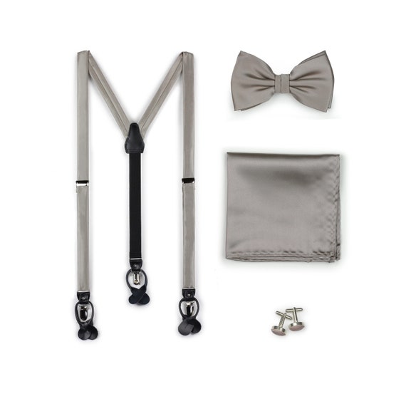 Black Suspender Set, Formal Necktie and Satin Fabric Suspenders in Solid  Black