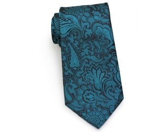 Extra Long Peacock Paisley Tie | Mens XL Neckties in Peacock Teal Blue with Paisley Design | Wedding Ties in Peacock Turquoise  - XXL Length