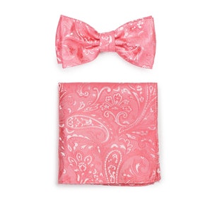 Coral Bow Tie Set | Coral Pink Bow Tie + Hanky in Paisley Design