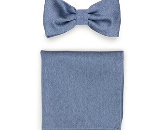 Steel Blue Bow Tie Set | Bow Tie + Pocket Square in Steel Blue