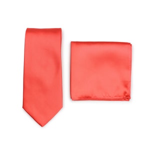 Neon Coral Tie Set | Necktie and Pocket Square Set in Neon Coral | Formal Wedding Tie Set in Shiny Neon Coral Red | Groomsmen Ties Coral