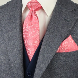 Coral Paisley Tie Set Mens Necktie and Hanky Set in Coral Pink Paisley Design image 4