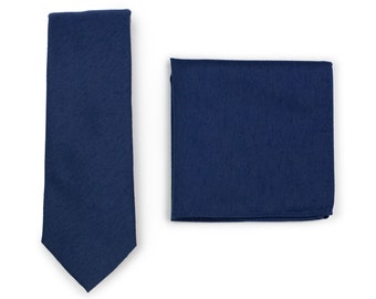 Navy Skinny Tie Set | Necktie + Hanky in Dark Navy Blue | Matte Wool Textured Skinny Tie Set