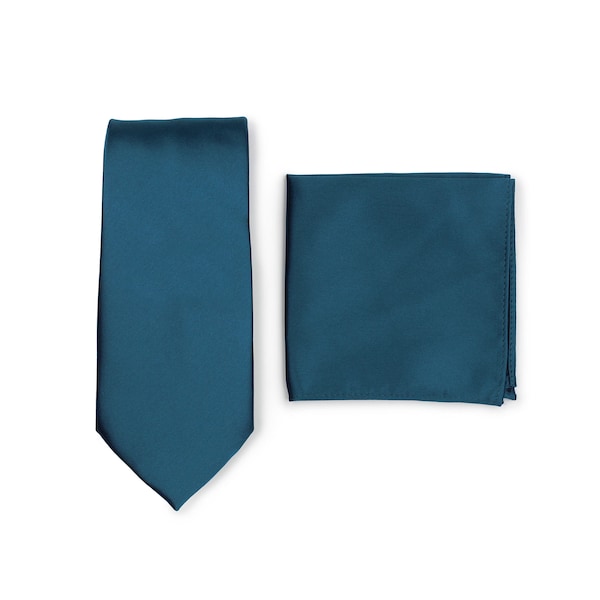 Tie Set in Peacock Teal | Formal Necktie and Pocket Square Set in Peacock Teal Color | Wedding Tie and Hanky Set in Dark Peacock Teal