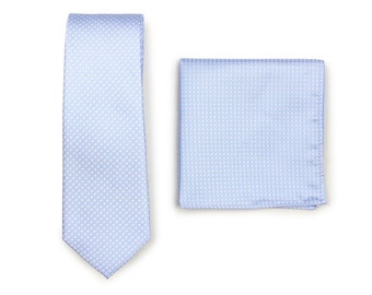 Baby Blue Tie Set | Skinny Tie in Light Baby Blue with Matching Pocket Square | Slim Cut Necktie in Light Baby Blue with Matching Suit Hanky