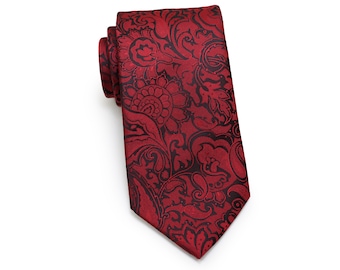 Extra Long Wine Red Paisley Tie | XL Length Tie in Wine Red with Paisley Pattern | XL Men's Necktie in Burgundy Merlot Red w Paisleys