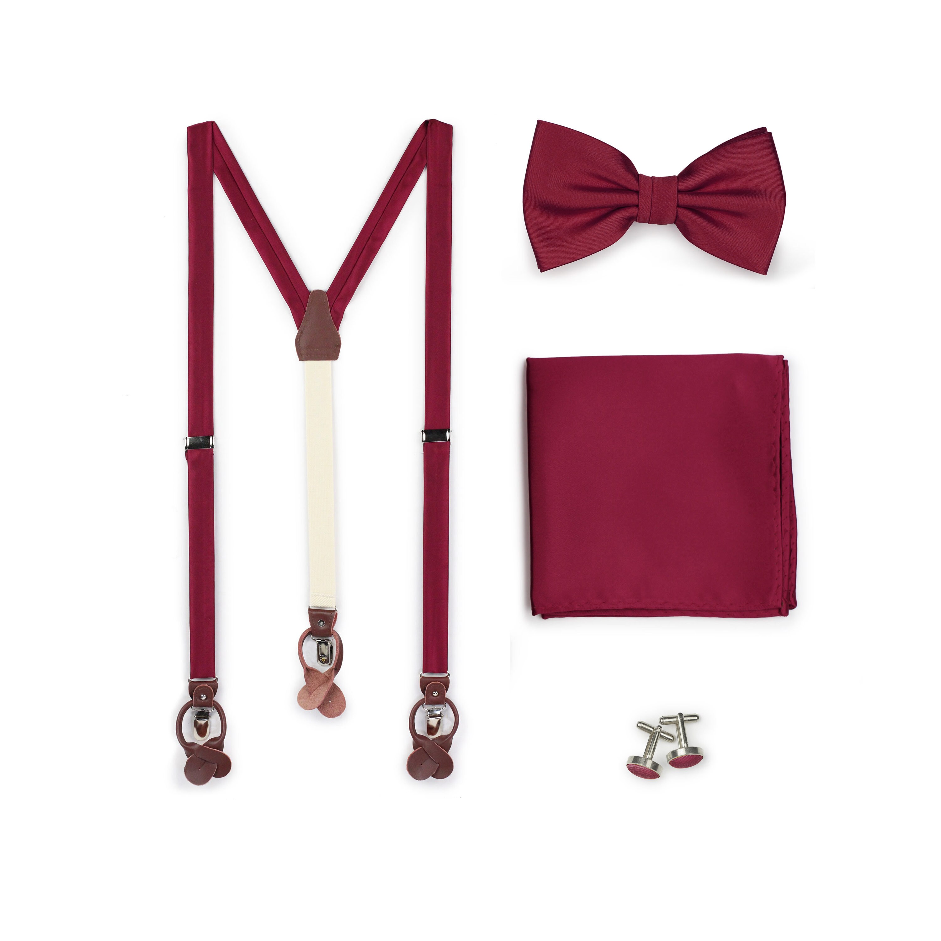 Burgundy Suspender + Bow Tie Set | Mens Wedding Accessories in Wine Red | Set of Matching Burgundy Suspender, Bow Tie, Pocket Square