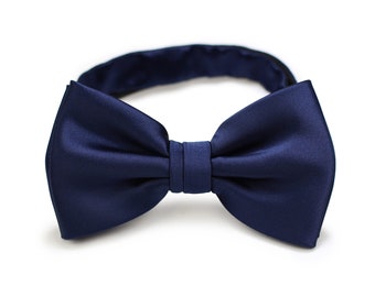 Dark Navy Bow Tie | Solid Color Bow Tie in Navy Blue | Satin Finish Navy Bow Tie in Pre-tied style (adjustable length, adult size)