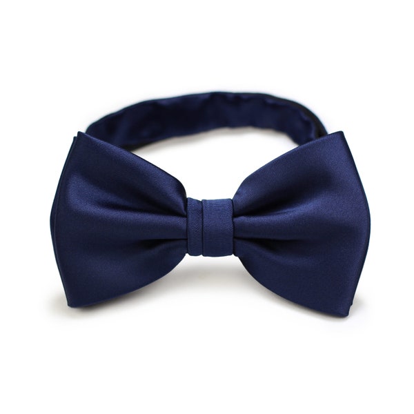 Dark Navy Bow Tie | Solid Color Bow Tie in Navy Blue | Satin Finish Navy Bow Tie in Pre-tied style (adjustable length, adult size)