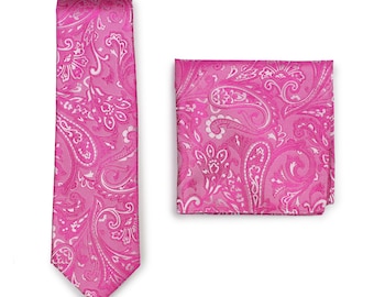 Guava Tie Set | Mens Paisley Necktie + Matching Pocket Square in Guava Pink