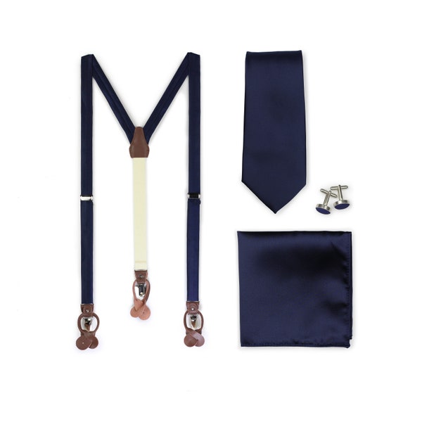 Navy Suspender Necktie Set | Elegant Men's Suspender, Necktie, Hanky, and Cufflinks in Navy Blue | Perfect Groomsmen Gifts - adjustable
