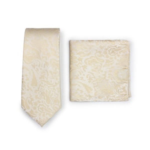 Necktie Set in Champagne | Men&#39;s Tie and Pocket Square Set in Ivory Champagne with Paisley Design | Men&#39;s Wedding Tie Set in Champagne Cream