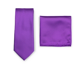 Violet Tie Set | Violet Purple Necktie and Pocket Square | Solid Colored Mens Tie in Violet with Matching Hanky in Matte Finish